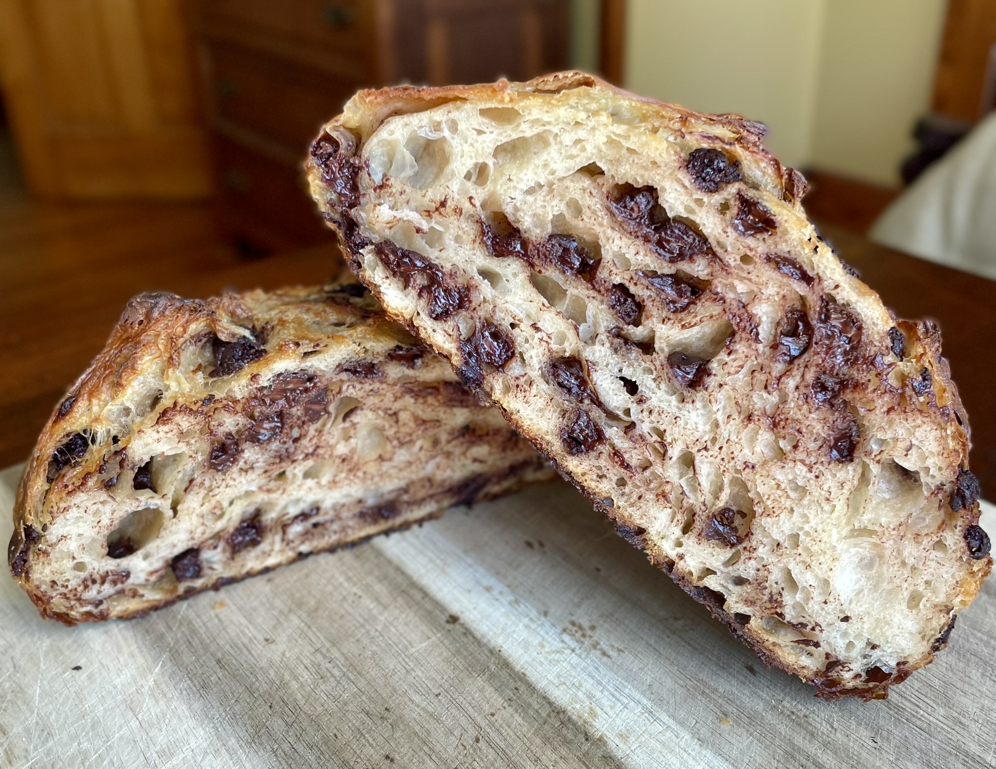 Dark chocolate sourdough sliced showing chocolate crumb