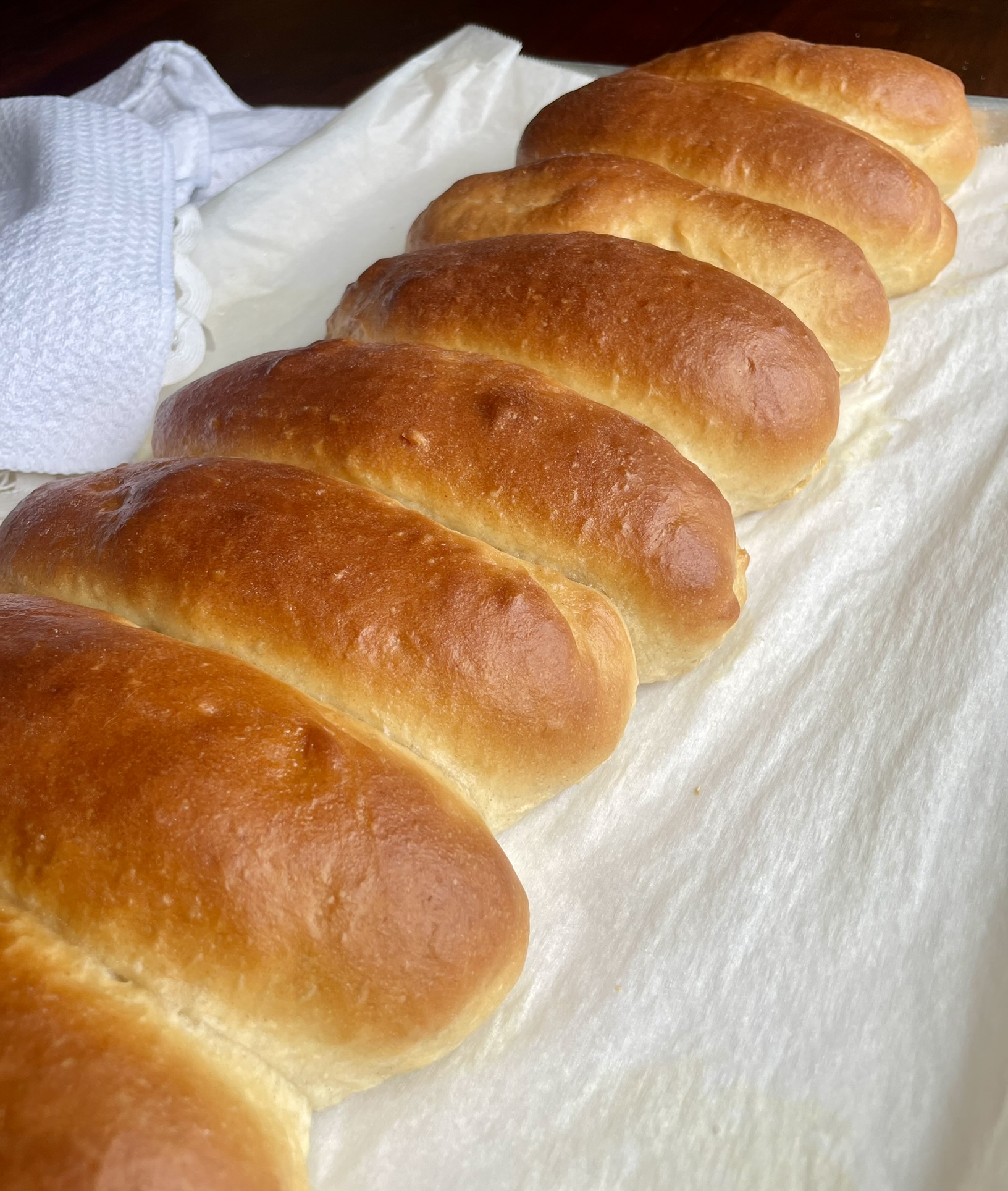 Wild Nunn Bakery hotdog buns lined up in a row